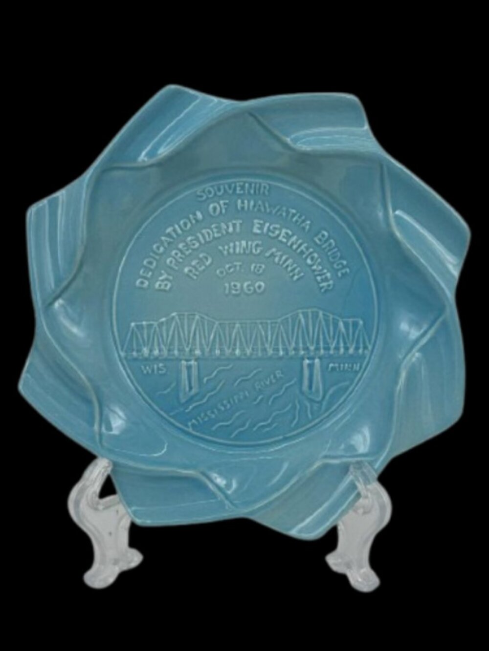 Rare Vintage 1960 Red Wing Pottery Eisenhower Hiawatha Bridge Aqua Ashtray
